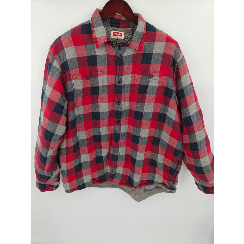 Wrangler Mens XL Sherpa Lined Flannel Shirt Jacket Red Grey Plaid HLS1PWR